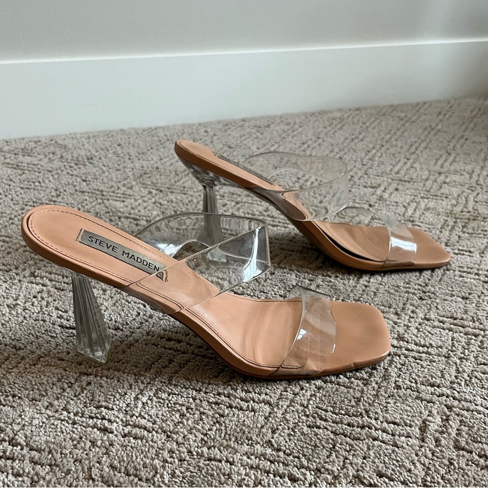 Steve Madden Clear PVC Strap Tan Square Toe Heels